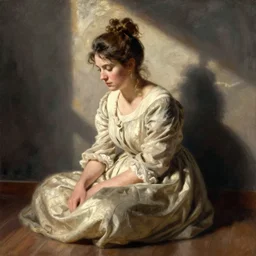 Jenna Fischer sitting on the floor looking down, by Edmund Blair Leighton