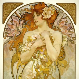 sensual woman, wrapped in flowers, art by  Charlie Bowater, Alphonse Mucha