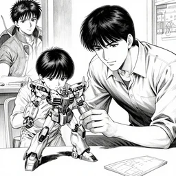 a father helping his son build a mecha robot, highly detailed, black and white, inked, art by Kentaro Miura and Bernie Wrightson and Masamune Shirow