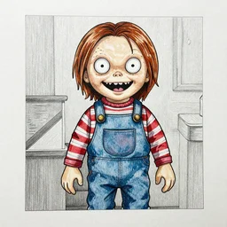 grunge drawing of chucky by - rick and morty , loony toons style, horror themed, detailed, elegant, intricate