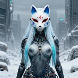 highly detailed portrait of wastelander long ice hair ceramic kitsune fox mask curvy tribal lady, stray wiring by atey ghailan, james gilleard, by joe fenton, by greg rutkowski, by greg tocchini, by kaethe butcher, 4 k resolution, gradient blue, cyan, black and white color scheme!!! ( ( snowy glaciated robotic dystopian city background ) )