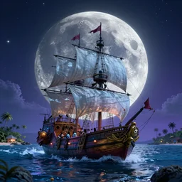 an ephemeral ghost ship full of ghost and skereton pirates approaching an inhabited island in the Caribbean at night, large crescent moon, vibrant colors, an award-winning high-quality digital art, hyperrealistic