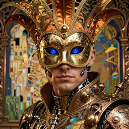awardwinning photo of a beautiful male steampunk half cyborg with an elaborate venician carneval mask, artwork by james jean, hyperdetailed realistic gold and orange metallic, glowing blue eyes, jean delville, art nouveau, gustav klimt, ornate copper patina gothic icon, james jean, ultrasharp hyperdetailed photorealistic octane render