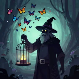 wizard holding a cage, with a swarm of butterflies fluttering out, ominous, digital 2d fantasy art