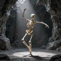 a skeleton dancing without a care, artistic photography, f stop, iso, gray dungeon background