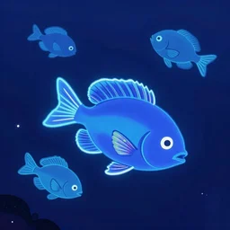 neon fish under water at night as seen from overhead by disney concept artists, blunt borders, rule of thirds