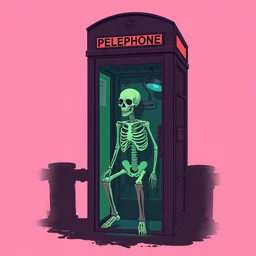 a skeleton sitting inside a phone booth, cyberpunk art by tomer hanuka, behance contest winner, pop surrealism, 2 d game art, macabre, hellish background