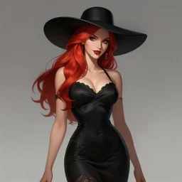 a highly detailed illustration of tall beautiful red haired lady wearing black noir dress and black sun hat, dramatic smile pose, perfect face, perfect body, perfect eyes, intricate, elegant, highly detailed, centered, digital painting, artstation, concept art, smooth, sharp focus, league of legends concept art, wlop.