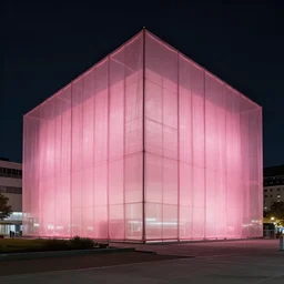 parametric architecture museum. the museum stands in a city. facade in faded pink translucid fabric, night, 1 6 mm camera lens, cinematic