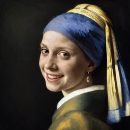 Painting of Emma Watson as Hermione Granger. Smiling. Happy. Cheerful. Art by Vermeer. Extreme close up. Extremely detailed. Beautiful. 4K. Award winning.