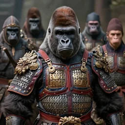 gorillas warrior portrait, full traditional chinese armor, art by artgerm, wlop, loish, ilya kuvshinov, tony sandoval. 8 k realistic, hyperdetailed, beautiful lighting, detailed background, depth of field, symmetrical face