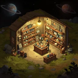 inside a general store, in a small remote outpost, on a remote planet, cyberpunk style, from a point and click 2 d graphic adventure game, set design inspired slightly by tomb raider, art inspired by [ [ thomas kinkade ] ] and [ mark keathley ]