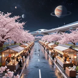 floating wet japanese market with vendors on a luxurious road on interstellar solar system with nearby planets seen from the distance, advanced highway, star trek style, by peter mohrbacher, jeremy mann, francoise nielly, android james, ross tran, beautiful, award winning scenery, 8 k quality, clean details, serene, sakura season