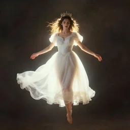 hyperreal painting of a young woman in a white dress, she is floating in the air, intense lighting from behind, a crown is on her head