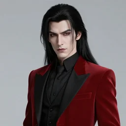 a pale vampire, long black hair, clean shaven, dressed formally in red and black, highly detailed, concept art, smooth, sharp focus, unreal engine 5, 8 k.