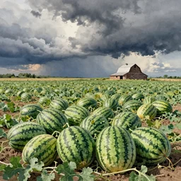 a watercolor painting of a field full of watermelons, and a single lone barn house, moody cloud