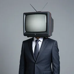 a man in a suit wearing a tv on his head, head replaced with a tv, tv covering head