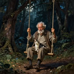 an old man and his cat having fun on a swing at a dark night in an ancient dense forest, artwork by alexander jansson, andy kehoe, rossdraws, gediminas pranckericius