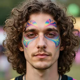 closeup portrait of a simple caucasian man with curly mid length brown hair with a calm aesthetic face dressed up for a psychedelic rave with face paint