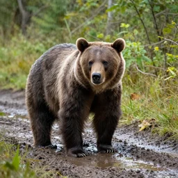 bear on a muddy track surrounded by woodland, with puddles, in the showering summer morning light, high resolution detailed realistic cinematic matte painting by raphael lacoste, andreas rocha, john harris, and david hocknet