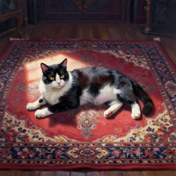 cat on a oriental rug, relaxing in a sunspot. gouache by award - winning mangaka, gothic horror, impressionism, depth of field, backlighting