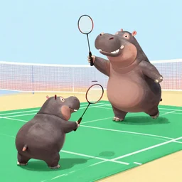 illustration of hippo action figures playing badminton by ilya kuvshinov katsuhiro otomo