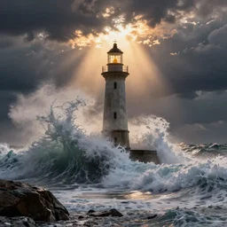 huge waves crashing over a lighthouse on rocks with huge, very huge waves, scenic full shot, ambient lighting, stormy sky, god rays, art nouveau