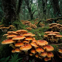 a beautiful wide - lens landscape photograph of a vibrant and alien bioluminescent mushroom forest, natural lighting, shot on a pentax k 1 mark ii