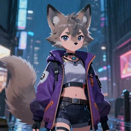 character portrait of a female petite anthro wolf fursona with a tail and a cute beautiful attractive detailed furry face wearing stylish cyberpunk clothes in a cyberpunk city at night while it rains. hidari, color page, tankoban, 4K, tone mapping, Akihiko Yoshida. Nomax, Kenket, Rukis.