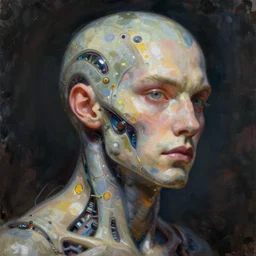 a hyper - detailed fine painting of a synthetic man ( cyber - organic ), dystopian concept art