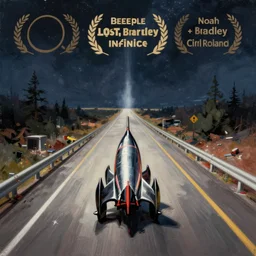 rocket car driving on the lost highway to infinity. Spacetime. Straight highway. Digital painting. Beeple. Noah Bradley. Cyril Roland.