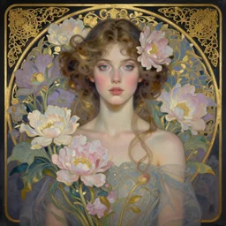 a digital painting of a single young beautiful woman, surrounded by flowers, dark pastel color scheme, jugendstil background, gold filigree, by karol bak, by emil melmoth, by Daniel Gerhartz, trending on artstation