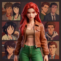 portrait of an attractive tomboy woman with long crimson red hair and red eyes wearing a brown open jacket and green jeans with a stern look, album art, boards of canada, retro, by ross draws, by tomine, by satoshi kon, by rolf armstrong, by peter andrew jones, beksinski, 3 d model, 3 d render, topology