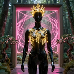beautiful mannequin sculpted out of black glass by billelis + lit with geometric neon dripping gold + forest in background!!!, wearing a crown of beta fish, doorway opening with neon pink geometric fractal light + flowering bonsai trees, transcendent, clean linework, dramatic, finely detailed, 4 k, trending on artstation, award winning, photorealistic, volumetric lighting, octane render