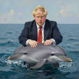 boris johnson riding a dolphin, painting