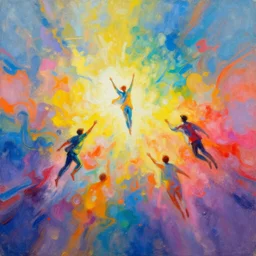 people being raptured, flying into air, vibrant, colorful, painting, painterly, abstract