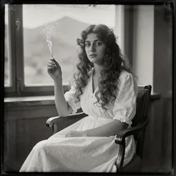 tintype, smoke offhand by ossip zadkine. a beautiful photograph of a woman with long curly hair, wearing a white dress & sitting in a chair in front of a window with a view of a mountainside.