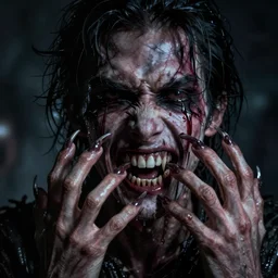 scary man with long sharp teeth and finger nails, nightmare, horror, scary, high quality, high resolution