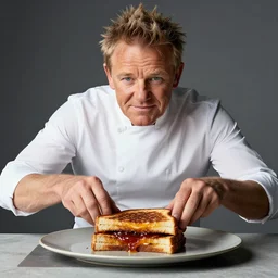 Gordon Ramsay making a grilled cheese sandwich, professional still photograph, studio lighting