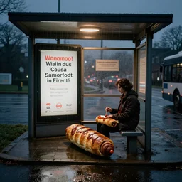 emo (((sausage roll))) at a bus stop in the rain, waiting for a bus that my never arrive