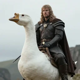cinematic still of King Arthur going to Mordor on his magestic Goose and wielding a Rocket Launcher as he charges the enemy, raining, 4k, masterpiece, by Greg Rutkowski, Trending on Artstation