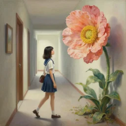 a painting of a girl walking in a hallway who finds a giant flower, art by greg manchess, guangjian, detailed digital art, artstation hd