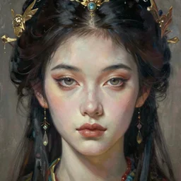 portrait of a beautiful goddess, enigmatic beauty, head in focus, intricate, esoteric, elegant, highly detailed, hyperrealistic painting, concept art, painterly, sharp focus, art by