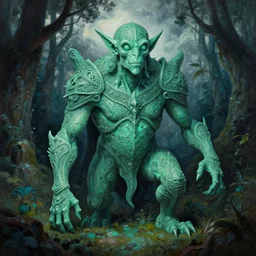 malachite golem in a dark forest, cloudy sky, fantasy, intricate, elegant, highly detailed, traditional painting, acrylic painting, artstation, concept art, matte, sharp focus, illustration, hearthstone, art by artgerm and greg rutkowski and alphonse mucha and alex ross