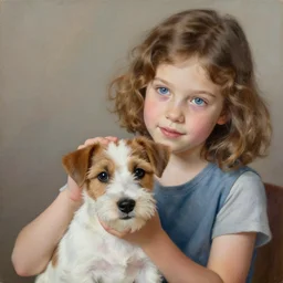 a seven year old girl with short wavy curly light brown hair and blue eyes petting the head of a very cute wire haired jack russell terrier puppy, white with brown patches over both eyes. detailed, high quality painting by magali villanueve and ilya kuvshinov and lois van baarle