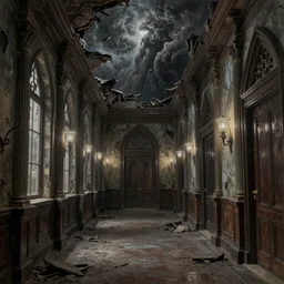 ultra - realistic painting gothic 1 9 2 0 s hotel hallway crumbling into a horrifying cosmic sky, atmospheric lighting, dark, brooding, foreboding, fine details, realistic shading