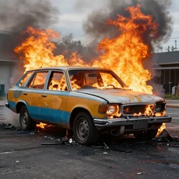 the Mystery Machine car accident on fire, 4k photo, low level,