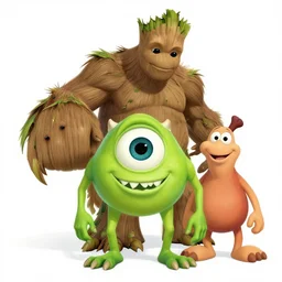 mike wazowski, groot, and fred flintstone in space, cel - shaded, sketch
