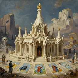 a render of a temple made of bones, fantasy landscape, tarot card, by peter mohrbacher, hajime sorayama, wayne barlowe, boris vallejo, aaron horkey, gaston bussiere, craig mullins, oil on canvas, smooth 3 d render, octane 8 k, zbrush!!!, pixar!!, depth of field, featured on pixiv!, cinematic composition!!!!!!!, hd!!!!!, hdr!!!!!, 4 k, 8 k, the fifth element artifacts, highly detailed