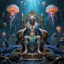 the inside of poseidon's lair with poseidon sitting on his throne with mega sharks and bio steampunk jelly fish floating around, ultrarealistic, canon 3 5 mm photography, 8 k, wide view, cinematic view, cinematic, 8 k, digital photo, unreal 5 engine, colored paint, colorful paint, scary style, by atey ghailan, artstation
